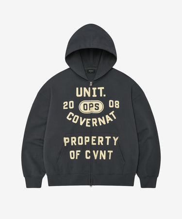 COVERNAT ヴィンテージタイポグラフィックジップアップフーディー チャコール