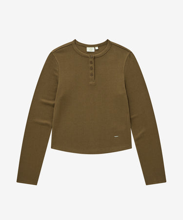 COVERNAT ウィメンズ ヘンリーネックアイレット長袖Tシャツ ブラウン