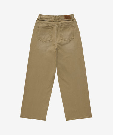 WOMEN BELTED WIDE DENIM PANTS - BEIGE