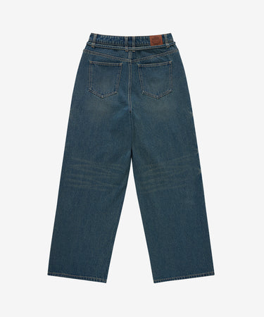 WOMEN BELTED WIDE DENIM PANTS - BLUE